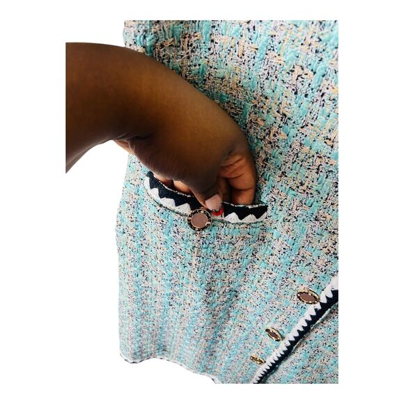 NWT LifeShe Tweed Jackie Button Up V Neck Short Sleeve Mini Dress Blue Lined L - Picture 6 of 14